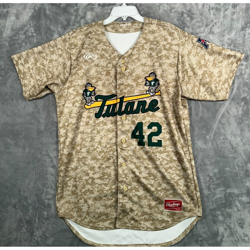 Rawlings Tulane Green Wave Baseball Jersey Mens 46 Beige Brown Digi Camo 42